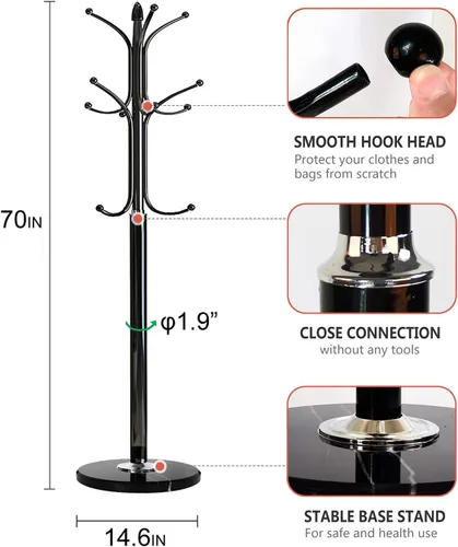 Miniatura 3 de Kertnic Perchero independiente, árbol de pasillo de metal resistente con 12 ganchos, perchero estable de 70 pulgadas de alto con base de mármol Negro
