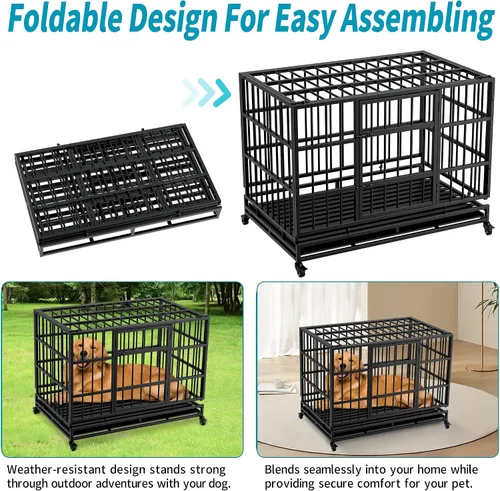 Miniatura 2 de Jaula plegable indestructible para perros con ruedas, jaula de metal resistente a prueba de escapes de 48 pulgadas para perros grandes y medianos
