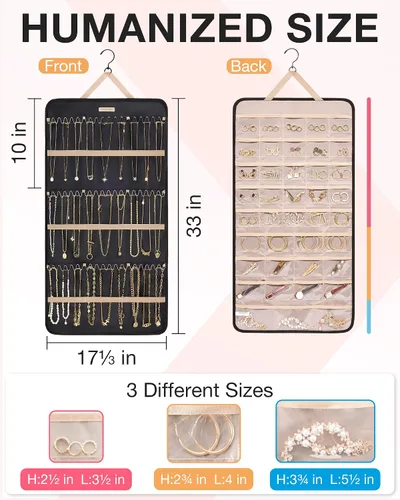 Miniatura 5 de BAGSMART Organizador de joyas colgante rollo de almacenamiento con ganchos de metal de doble cara para aretes, collares, anillos en el armario, Negro