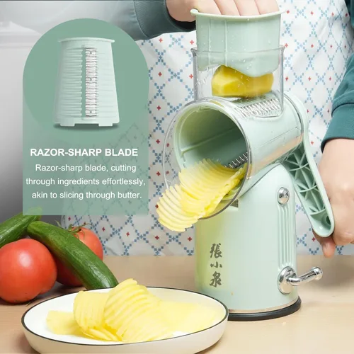 Miniatura 5 de Rallador de queso giratorio con manivela manual de 5 en 1 con cuchillas intercambiables y base de succión fuerte para verduras, triturador manual