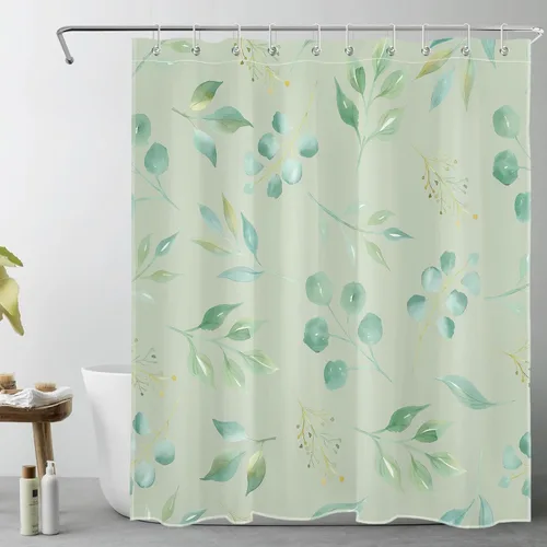 Miniatura 10 de EOBTAIN Cortina de ducha de hojas de eucalipto verde para baño, cortina de ducha con hojas de plantas naturales en beige con 10 ganchos, juego