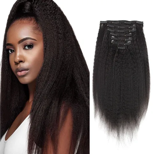 ABH AMAZINGBEAUTY HAIR Extensiones de cabello lacio rizado con clip para mujeres negras, color natural, extensiones de cabello humano virgen