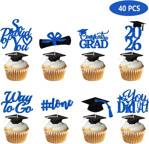 Miniatura 2 de Decoraciones de graduación 2026 azul, adornos para cupcakes de graduación 2026 azul y negro, suministros de decoración para cupcakes clase de 2026