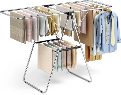 Miniatura 8 de KINGBOARD Tendedero de secado de ropa, con altura ajustable, ala de gaviota plegable para un fácil almacenamiento, sin montaje, uso en interiores