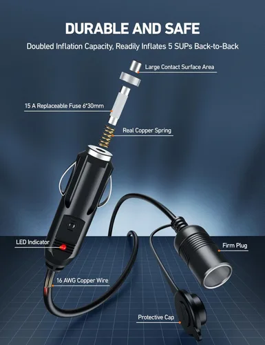 Miniatura 5 de AstroAI Inflador de neumáticos para compresor de aire, cable de extensión rojo y encendedor de cigarrillos, paquete de 12 pies
