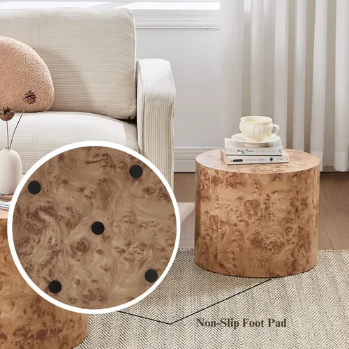 Miniatura 7 de Ya-Home Juego de 2 mesas auxiliares redondas, mesa auxiliar anidable de madera para sala de estar, balcón, oficina, color natural Burl, sin montaje