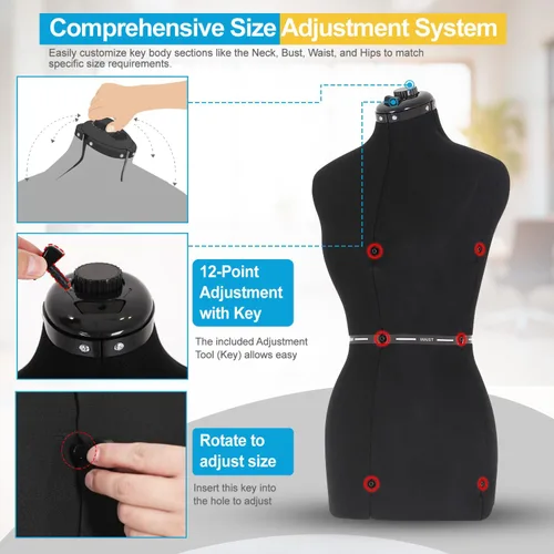 Miniatura 4 de FDW Maniquí femenino con forma de maniquí de costura, torso, ajuste a la cintura, las caderas, el cuello y la longitud de la espalda con base