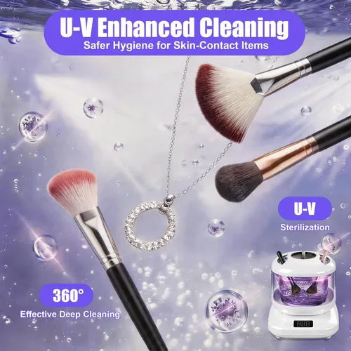 Miniatura 2 de Máquina limpiadora de brochas de maquillaje eléctrica, limpiador ultrasónico de joyas con U-V para anillos, collares, cepillo de maquillaje