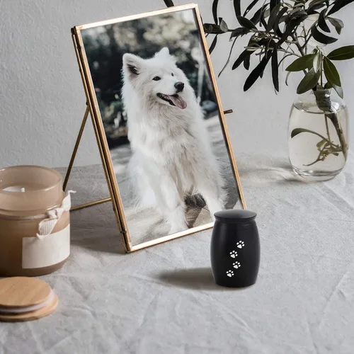 Miniatura 6 de Urnas de cremación pequeñas de 2.67 pulgadas para cenizas de perros o gatos, mini recuerdo de cenizas negras para mascotas con huella de pata