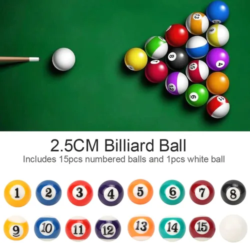 Miniatura 5 de Juego de 16 mini bolas de billar de 0.98 pulgadas, mini bolas de billar de resina con 8 colores para diversión familiar, entretenimiento