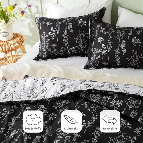 Miniatura 3 de Bedsure Juego de edredón de tamaño King, color negro, lindo, floral, regalo para mujer, 3 piezas, 1 suave edredón reversible con flores y 2 fundas