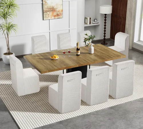 Miniatura 13 de Juego de mesa de comedor de mármol sintético blanco para 10, juego de mesa de comedor extensible de 11 piezas de 63 a 94 pulgadas con 10 sillas
