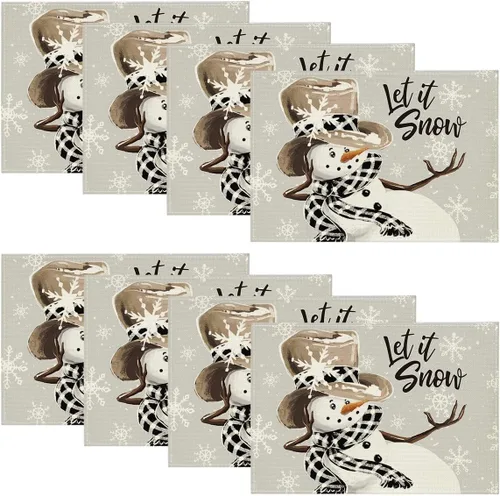 Miniatura 7 de Artoid Mode Juego de 4 manteles individuales de invierno con diseño de copos de nieve y muñeco de nieve rojo de 12 x 18 pulgadas para decoración