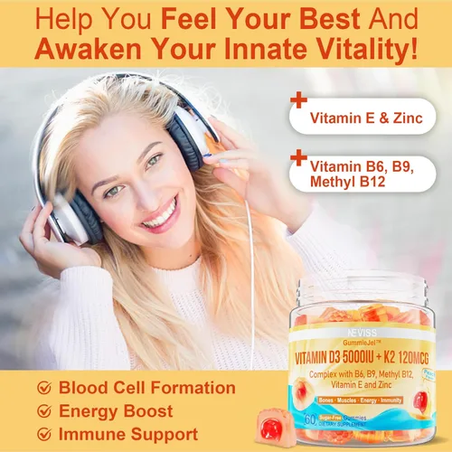 Miniatura 4 de Vitamina D3 5000IU + K2 (MK-7) 120mcg, sin azúcar, vitamina D3 K2 Gomitas rellenas con complejo de vitamina B - Metil B12, B9, B6 Vitamina E