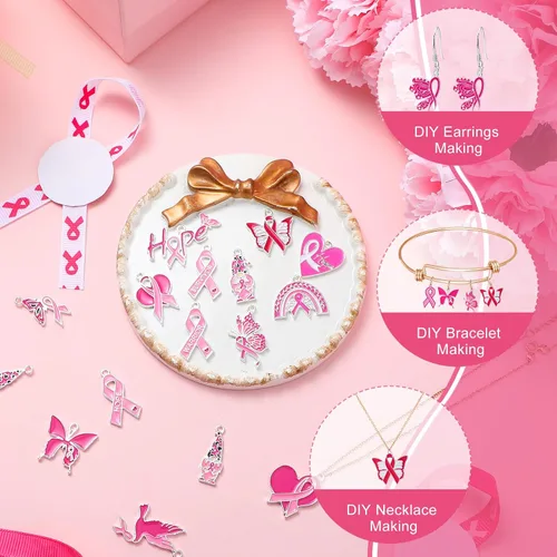 Miniatura 3 de Tudomro 200 dijes de concientización sobre el cáncer de mama a granel para hacer joyas, dijes de cáncer de mama rosa, cintas para calcetines