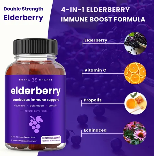Miniatura 5 de NutraChamps Gomitas de saúco con vitamina C, propóleo y equinácea, vitaminas gomosas de apoyo del sistema inmunológico para adultos y niños, fuerza