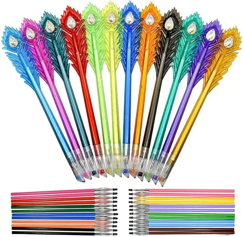 12 bolígrafos coloridos de plumas de pavo real, bolígrafos de gel de colores con puntas de cabeza de diamante, 24 repuestos, tinta brillante para la