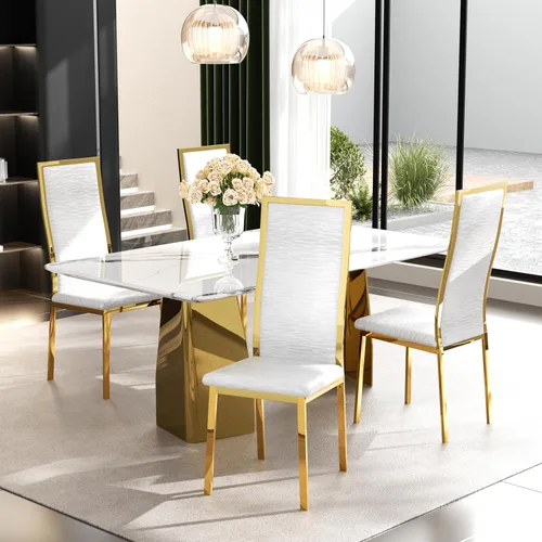 Miniatura 16 de Juego de 4 sillas de comedor modernas, de piel sintética blanca con patas de metal cromado dorado, diseño de respaldo alto curvo y acolchado