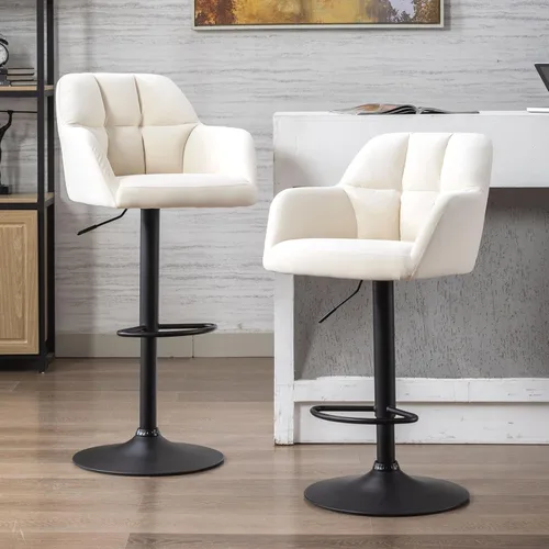 Miniatura 21 de ROCITY Juego de 2 taburetes de bar de terciopelo con respaldo, silla de bar beige para isla de cocina, taburetes de bar modernos con patas de metal