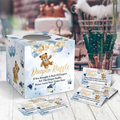 Miniatura 5 de skuhyyg 50 boletos para rifas de pañales con caja de juego para baby shower, oso azul, oso rosa, letrero de sorteo de pañales, con texto en inglés