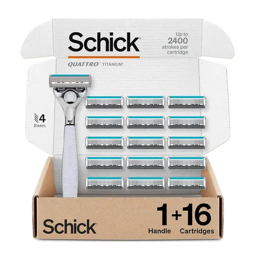 Schick Quattro - Maquinilla de afeitar de titanio de 4 hojas para hombre, 1 mango de afeitar para hombre y 16 cuchillas de repuesto para afeitado