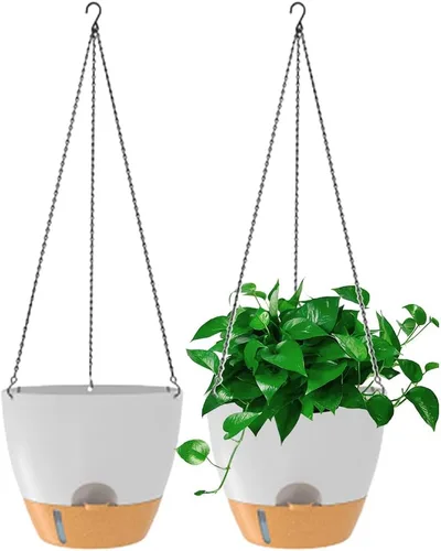 Miniatura 11 de Paquete de 2 macetas colgantes, macetas colgantes de riego automático de 10 pulgadas para plantas de interior y exterior, cesta colgante para negro