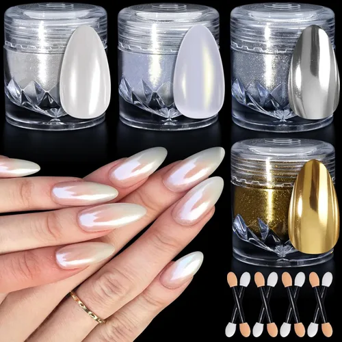 Miniatura 8 de 2 cajas de polvo de uñas de cromo perla blanca – Polvo de pigmento cromado transparente transparente brillante para uñas, uñas inspiradas efecto