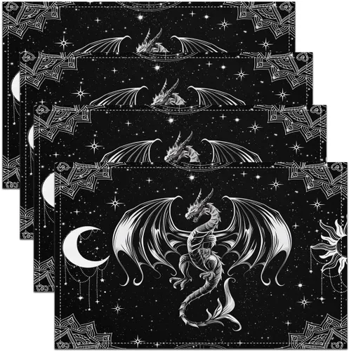 Miniatura 5 de Juego de 4 manteles individuales de mesa con diseño de gatos, diseño gótico, estrella, cielo, luna, constelación, 12 x 18 pulgadas, para mesa
