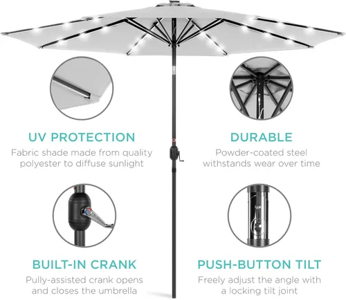 Miniatura 5 de Best Choice Products Solar Polyester LED Lighted Patio Umbrella w/Tilt Adjustment and UV-Resistant Fabric Gris niebla