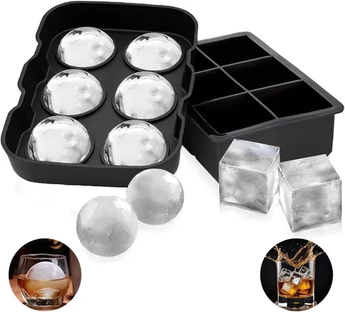 Miniatura 2 de Paquete variado de 2 moldes gigantes de silicona para cubitos de hielo de forma esférica y cuadrada, perfectos para whisky, cócteles, bourbon, sopas