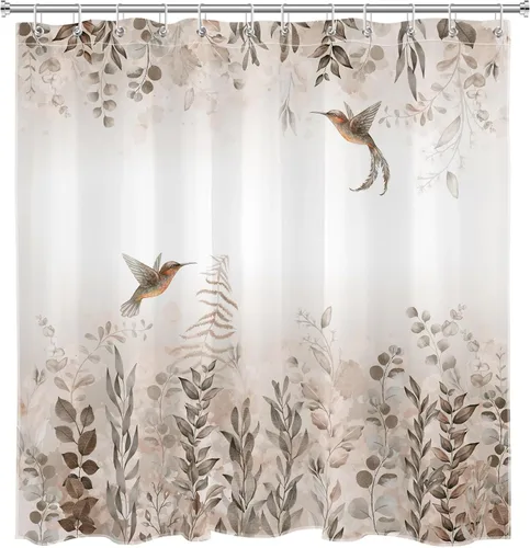 Miniatura 4 de EOBTAIN Cortina de ducha de hojas de otoño, colibrí y hojas de eucalipto sobre blanco, cortina de ducha para baño, cortina de baño de tela de Marrón