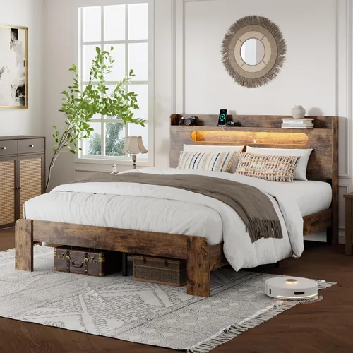 Miniatura 3 de Base de cama tamaño matrimonial con cabecera de almacenamiento, base de cama de plataforma con estación de carga y luces LED, listones de madera