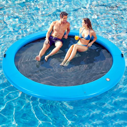 Miniatura 14 de 6-12FT Round Inflatable Floating Dock, Sunchill Float Ring, Water Hammock Tanning Pool Floats with Woven Fabric, Manual Pump for Quick Azul
