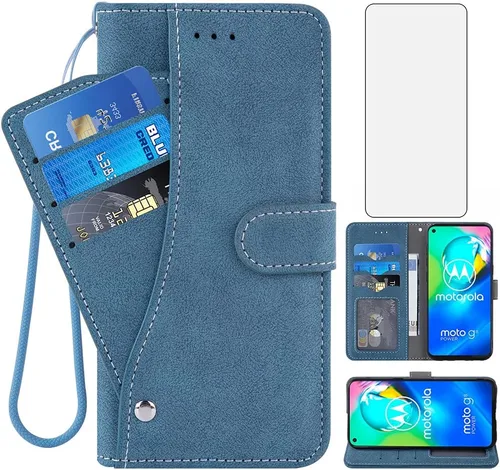 Asuwish Funda tipo cartera compatible con Moto G8 Power y protector de pantalla de vidrio templado, soporte para tarjetas de crédito, accesorios