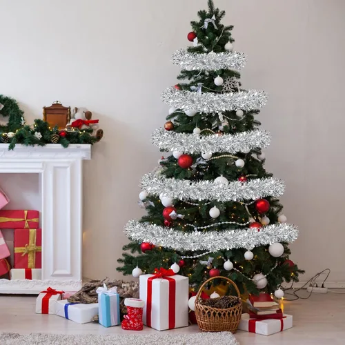 Miniatura 4 de Guirnalda de oropel plateado de 50 pies para decoraciones de árbol de Navidad, guirnalda metálica brillante con torsión colgante para Navidad