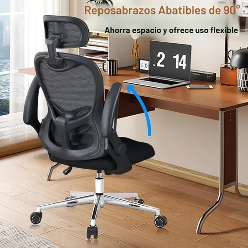 Miniatura 8 de Silla de oficina, malla ergonómica transpirable, brazos abatibles y respaldo alto ajustable, cómoda silla de computadora para oficina en casa Negro