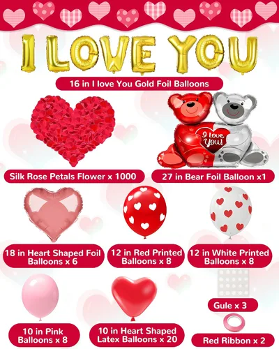 Miniatura 5 de Lutoys Kit de decoración de globos de San Valentín con globos "I Love You", globos de corazón con 1000 pétalos de rosa roja de seda para el día
