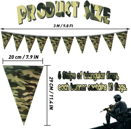 Miniatura 2 de Banderín de camuflaje de 49 pies, banderas triangulares de camuflaje del ejército para decoraciones de fiesta de cumpleaños