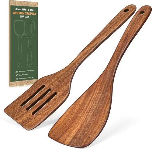 Miniatura 11 de Juego de 2 espátulas de madera, espátula turner sólida y ranurada de acacia, espátulas planas de freír con mango largo, regalo de cocina ideal