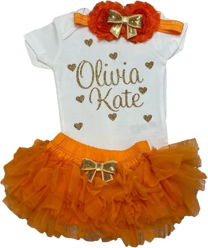 Miniatura 8 de Traje personalizado de baby girl para baby shower, con nombre personalizado con purpurina y corazón, tutú con diadema y calentadores de piernas