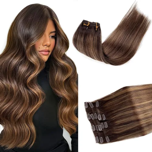 Miniatura 10 de Extensiones de cabello con clip sin costuras de cabello humano real, extensiones de cabello natural negro real con clip 7 piezas 100 g 36 cm