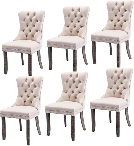 Miniatura 39 de Juego de 6 sillas de comedor modernas para sala de estar, cocina, patas de madera maciza, cojín acolchado de tela de lino, asiento y respaldo