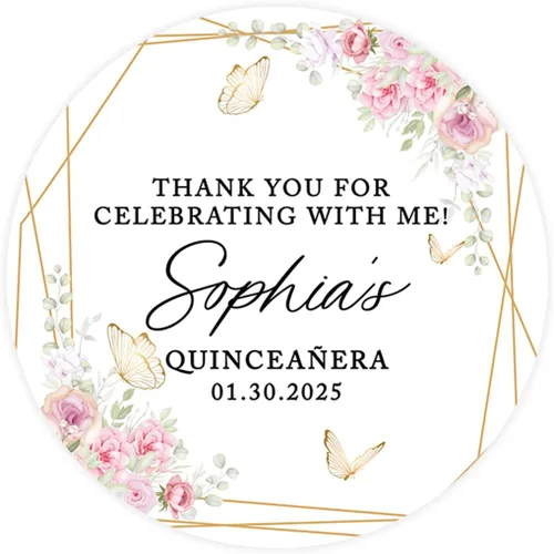 Andaz Press Paquete de 40 etiquetas de quinceañera redondas personalizadas de 2 pulgadas, mariposas y flores, etiquetas adhesivas con texto en