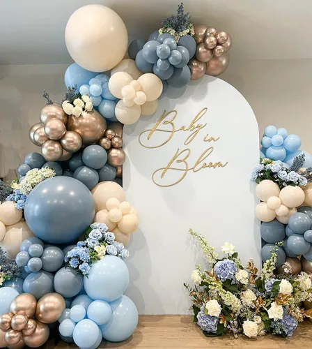 Kit de Arco de Guirnalda de Globos Baby in Bloom, 150 Piezas de Globos de Látex Azul Bebé Polvoriento Blanco Arena Champán Dorado para Baby Shower