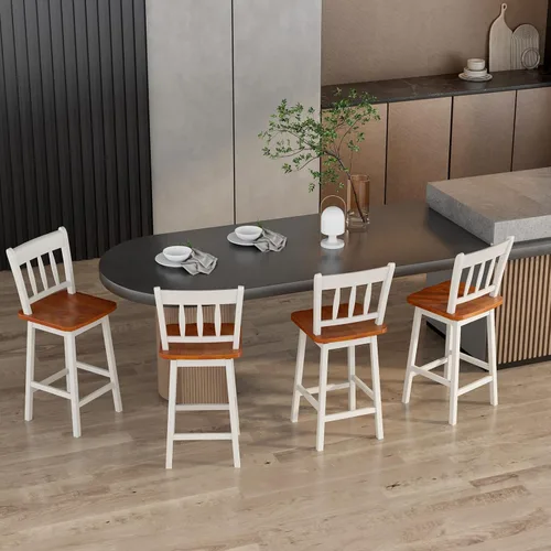 Miniatura 9 de COSTWAY Juego de 4 taburetes de bar de 24.5 pulgadas, sillas de bar de madera de goma con giro de 360°, reposapiés, taburetes de bar giratorios
