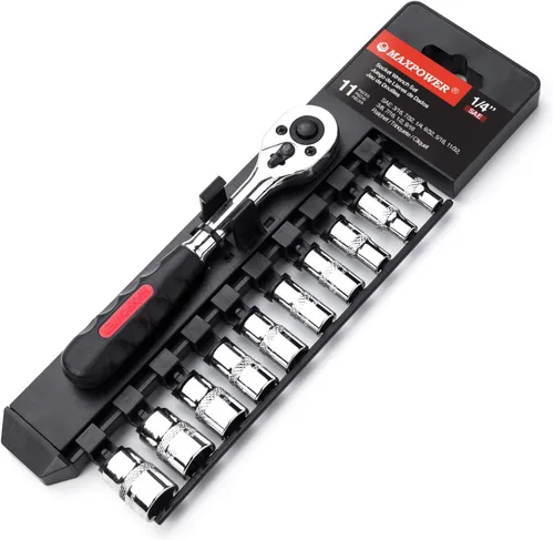 Miniatura 9 de MAXPOWER Juego de 11 llaves de trinquete de 3/8 pulgadas, mango de trinquete reversible de liberación rápida y llaves intercambiables, enchufes