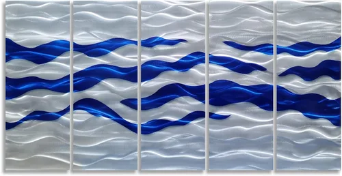 Miniatura 3 de SYGALLERIER Arte de pared abstracto de metal costero, hecho a mano, gran 3D, azul y plateado, ilustraciones modernas de olas de mar, escultura