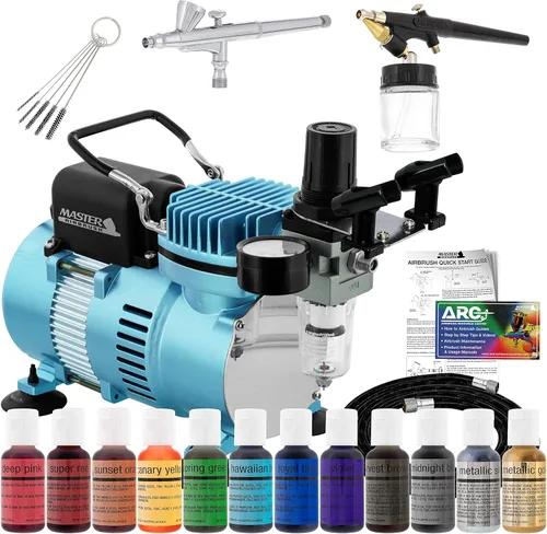 Master Airbrush Cool Runner II Kit de decoración de pasteles con compresor de aire de doble ventilador, 2 aerógrafos, juego de colorante de