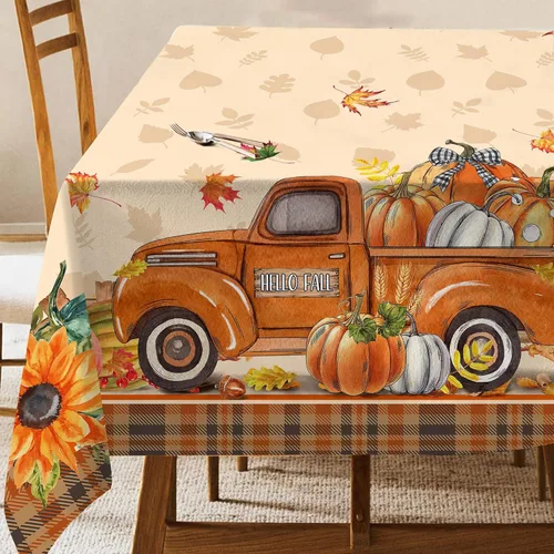 Hexagram Mantel rectangular de otoño de 50 x 70 pulgadas, mantel de otoño naranja, mantel de camión de calabaza para decoración del hogar, cocina,
