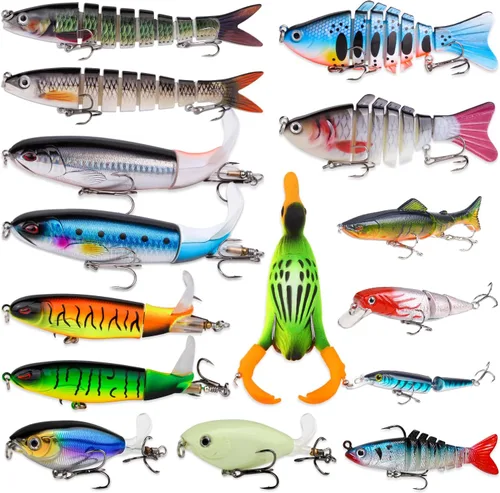 Miniatura 10 de TSKS Kit de Señuelos Artificiales de Pesca Mixto Incluyendo Minnow de Aleta de Buceo Frontal, Popper de Superficie, Cebos de Manivela, Lápiz VIB